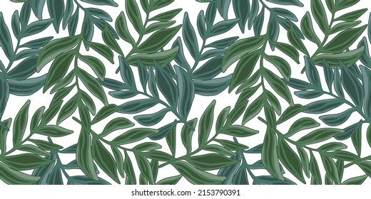 Patrón vectorial tropical, hojas de palma sin costura. Resumen de la hoja de la jungla patrón sin fisuras sobre fondo blanco. Banner floral botánico. Fondo vegetal exótico. Diseño para tela, textil, envoltura, cubierta.