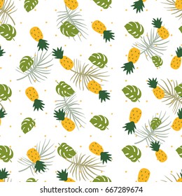 A tropical vector pattern with a repetitive pattern of pineapples and with leaves of monsters and palm leaves.