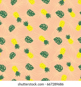 A tropical vector pattern with a repetitive pattern of pineapples and with leaves of monsters and palm leaves.