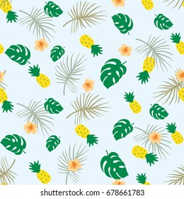 A tropical vector pattern with a repetitive pattern of pineapples and with leaves of monsters and palm leaves.