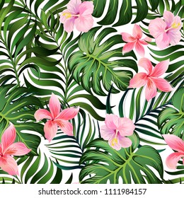 Tropical vector pattern	
Seamless hand drawn exotic  with green palm leaves and hibiscus flower.Stock vector.