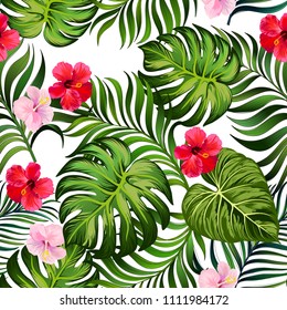 Tropical vector pattern	
Seamless hand drawn exotic  with green palm leaves and hibiscus flower.Stock vector.