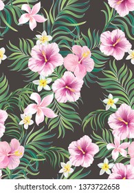 Tropical vector pattern. Trendy seamless textile background with hibiscus and palm leaves.