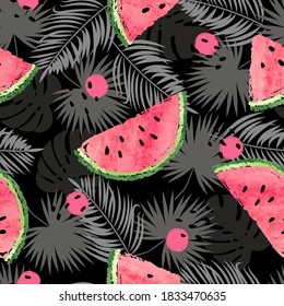 Tropical vector pattern with watermelons and jungle leaves. Summer background.