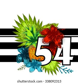 Tropical vector pineapple print number flowers in stripes isolated on white background