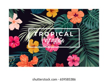 Tropical vector postcard design with bright hibiscus flowers and exotic palm leaves on dark background.