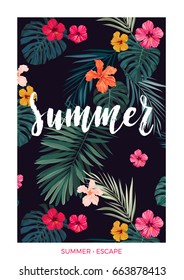 Tropical vector postcard design with bright hibiscus flowers, exotic palm leaves and lettering on dark background.