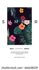 Tropical vector postcard design with bright hibiscus flowers and exotic palm leaves on dark background. Space for text.