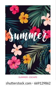 Tropical vector postcard design with bright hibiscus flowers, exotic palm leaves and lettering on dark background.