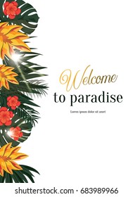 Tropical vector poster with tropical leaves and flowers. Illustration