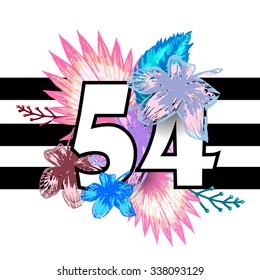 Tropical vector print number pink flowers in stripes isolated on white background