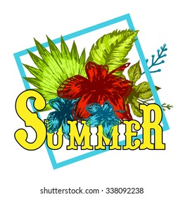 Tropical vector print summer flowers in square isolated on white background