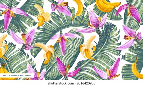 Tropical, vector, realistic wallpaper with leaves, fruits and flowers of banana palm. Large palm leaves with pink buds and yellow banana fruits, drawing in vector format in realistic style. 