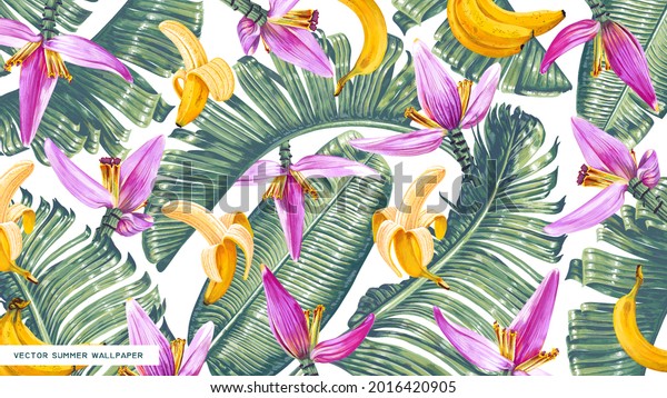 Tropical, vector, realistic wallpaper with leaves, fruits and flowers of banana palm. Large palm leaves with pink buds and yellow banana fruits, drawing in vector format in realistic style. 