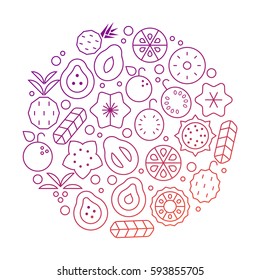  Tropical Vector round illustration with exotic  fruits. Isolated line icons on white background. Flat design, simple shapes, minimal art.
