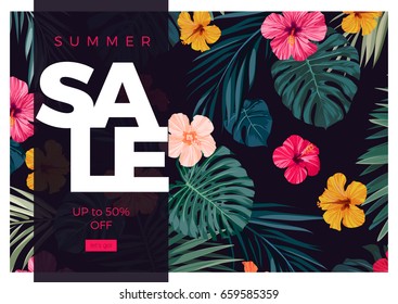 Tropical vector sale design with bright hibiscus flowers and exotic palm leaves on dark background.