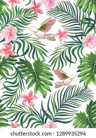 Tropical vector seamless background with birds, palm leaves and flowers. Vintage textile print .