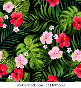 Tropical vector seamless background. Jungle pattern with flowers, monstera and palm leaves. Stock vector.