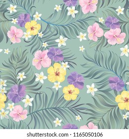 	
Tropical vector seamless background. Jungle pattern with flowers, monstera and palm leaves. Stock vector.