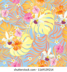 Tropical vector seamless background. Jungle pattern with flowers, monstera and palm leaves. Stock vector.