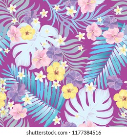 	
Tropical vector seamless background. Jungle pattern with flowers, monstera and palm leaves. Stock vector.