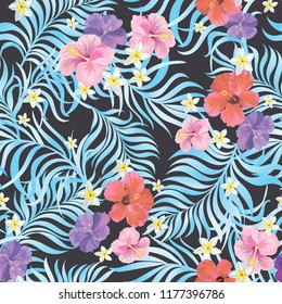 	
Tropical vector seamless background. Jungle pattern with flowers, monstera and palm leaves. Stock vector.