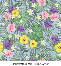 	
Tropical vector seamless background. Jungle pattern with flowers, monstera and palm leaves. Stock vector.