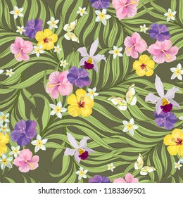 	
Tropical vector seamless background. Jungle pattern with flowers, monstera and palm leaves. Stock vector.