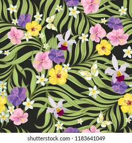 Tropical vector seamless background. Jungle pattern with flowers, monstera and palm leaves. Stock vector.