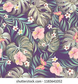Tropical vector seamless background. Jungle pattern with flowers, monstera and palm leaves. Stock vector.
