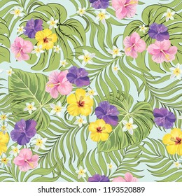 Tropical vector seamless background. Jungle pattern with flowers, monstera and palm leaves. Stock vector.