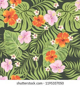 Tropical vector seamless background. Jungle pattern with flowers, monstera and palm leaves. Stock vector.