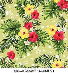 	
Tropical vector seamless background. Jungle pattern with flowers, monstera and palm leaves. Stock vector.