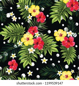 	
Tropical vector seamless background. Jungle pattern with flowers, monstera and palm leaves. Stock vector.