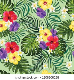 	Tropical vector seamless background. Jungle pattern with flowers, monstera and palm leaves. Stock vector.