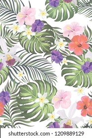 	
Tropical vector seamless background. Jungle pattern with flowers, monstera and palm leaves. Stock vector.