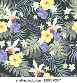 	
Tropical vector seamless background. Jungle pattern with flowers, monstera and palm leaves. Stock vector.