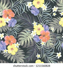 Tropical vector seamless background. Jungle pattern with flowers, monstera and palm leaves. Stock vector.