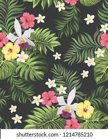 	
Tropical vector seamless background. Jungle pattern with flowers, monstera and palm leaves. Stock vector.