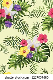 	
Tropical vector seamless background. Jungle pattern with flowers, monstera and palm leaves. Stock vector