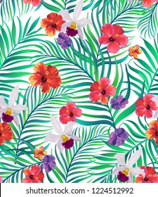 Tropical vector seamless background. Jungle pattern with flowers, monstera and palm leaves. Stock vector.