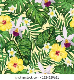 	
Tropical vector seamless background. Jungle pattern with flowers, monstera and palm leaves. Stock vector.