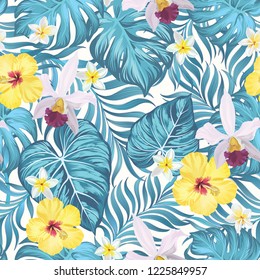 	
Tropical vector seamless background. Jungle pattern with flowers, monstera and palm leaves. Stock vector.