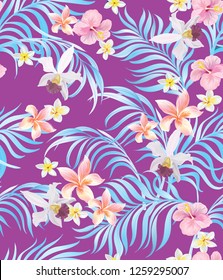 Tropical vector seamless background. Jungle pattern with flowers, monstera and palm leaves. Stock vector.