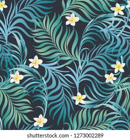 Tropical vector seamless background. Jungle pattern with flowers, monstera and palm leaves. Stock vector.