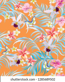 Tropical vector seamless background. Jungle pattern with flowers, monstera and palm leaves. Stock vector.