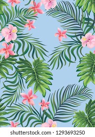 	
Tropical vector seamless background. Jungle pattern with flowers, monstera and palm leaves. Stock vector.