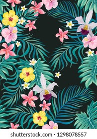 Tropical vector seamless background. Jungle pattern with flowers, monstera and palm leaves. Stock vector.