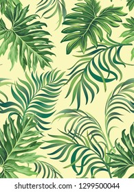 Tropical vector seamless background. Jungle pattern with monstera and palm leaves. Stock vector.