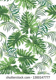 Tropical vector seamless background. Jungle pattern with monstera and palm leaves. Stock vector. - Vector